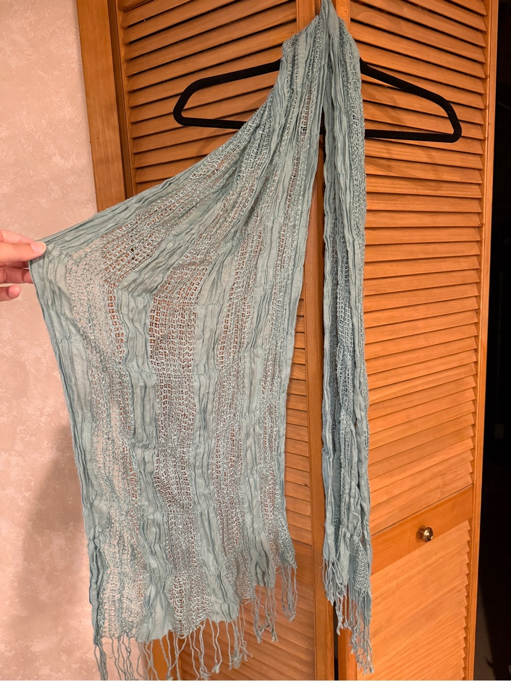Boho Open Knit Crinkle Fringe Scarf Teal Blue Green Mesh Longline Lightweight - Picture 3 of 9
